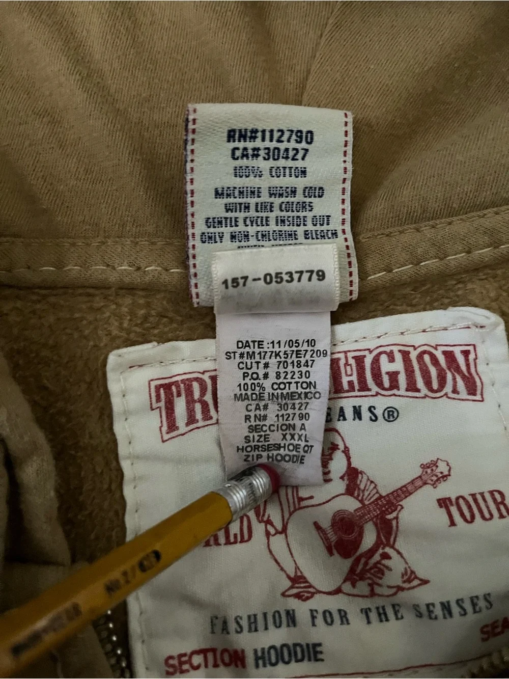Vintage True Religion Distressed Faded Brown Zip Hoodie Men Size XXXL